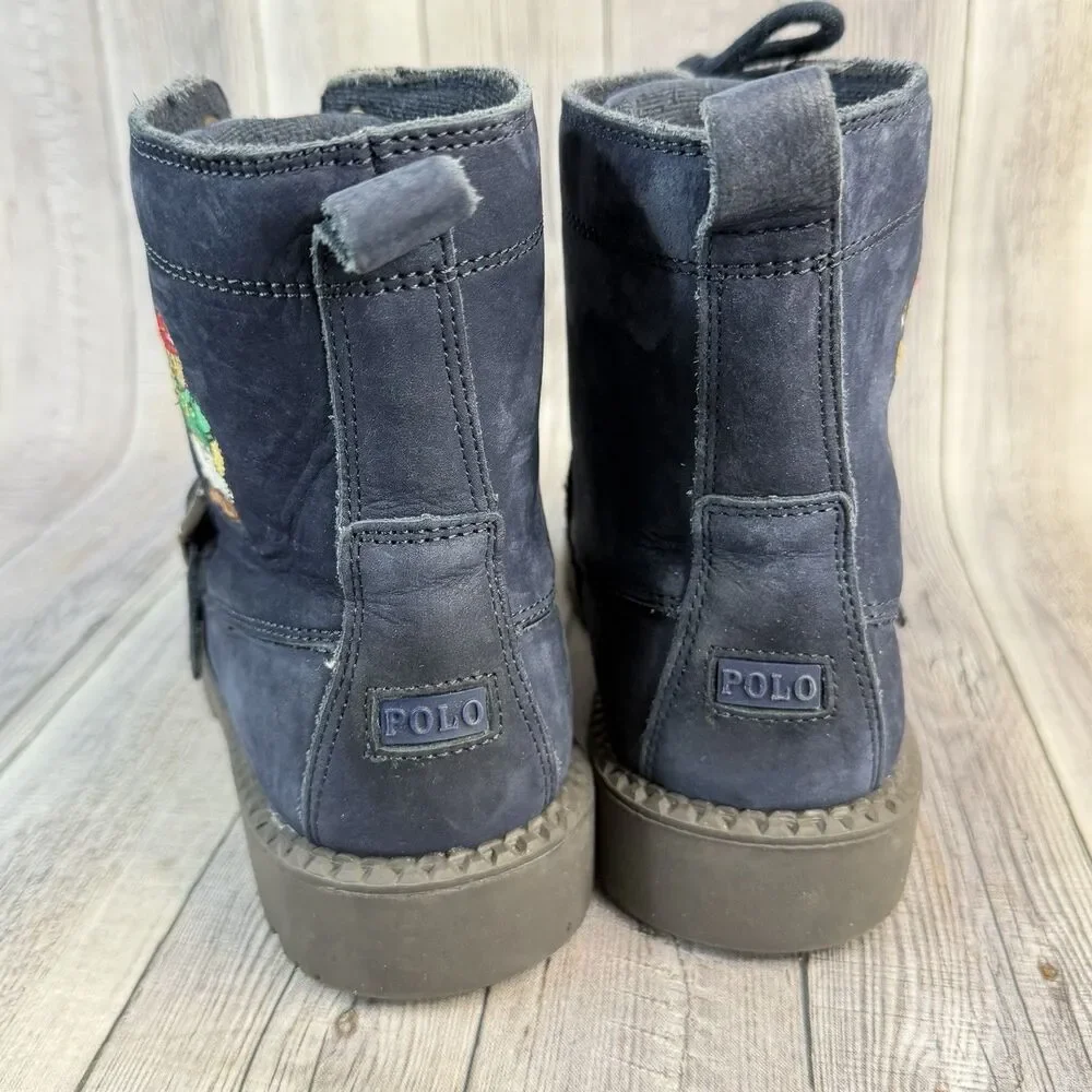 Polo Ralph Lauren Ranger HI II Mallet Bear Boots Blue Leather Kids Unisex SZ 3Y